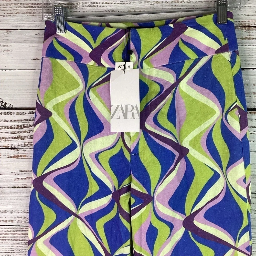 ZARA RETRO SIZE XS BLUE GREEN FLARED SUMMER PANTS SWIRL SPRING VACATION NWT‎